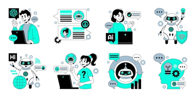 Robot software AI chat GPT android Artificial intelligence Digital chatbot People and computer communication Technology work Automated infographic UX Vector tidy concepts set