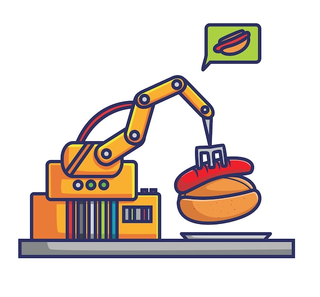 Robot tongs machine making hotdog flat cartoon style illustration icon premium vector logo mascot