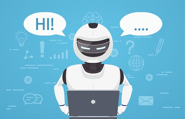 Robot uses laptop computer. Concept of chat bot, a virtual online assistant.