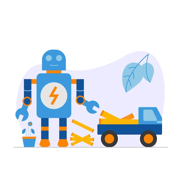 Robot with a toolbox and a blue truck.