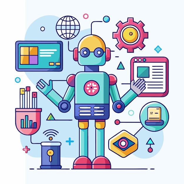 robot with connected tech icons representing automation
