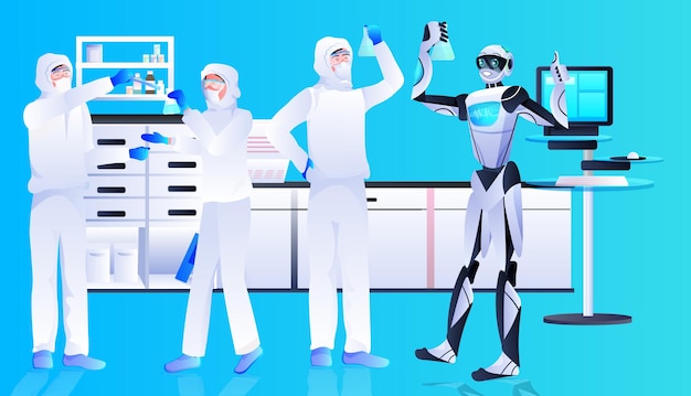 robot with scientists in protective suits making experiments in lab genetic engineering artificial intelligence concept horizontal full length 
