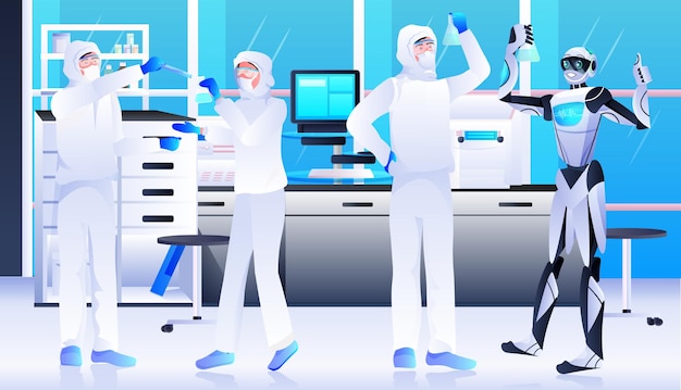 robot with scientists in protective suits making experiments in lab genetic engineering artificial intelligence concept horizontal full length 