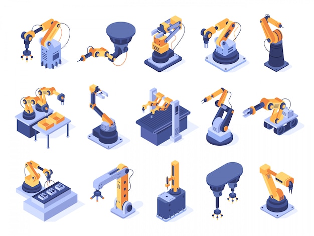 robotic arm. Industrial factory machines, manufacturing automatisation and production line robot arms   set