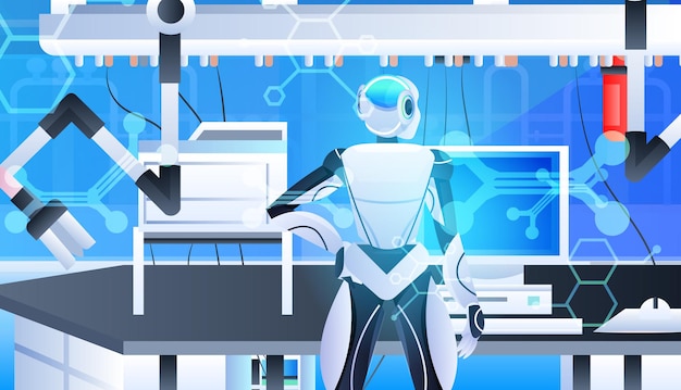 robotic doctor surgeon in clinic surgery room medicine healthcare artificial intelligence technology concept horizontal portrait vector illustration