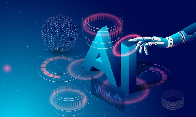 robotic hand clicking, isometric text ai.