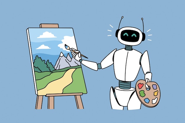 robotic technologies in hobbies concept. positive robot standing and drawing artwork picture landscape with brush vector illustration