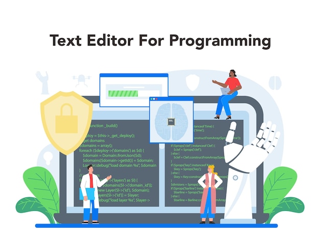 roboticist online service or platform robotic engineering and constructing artificial intelligence in modeling industry text editor flate vector illustration