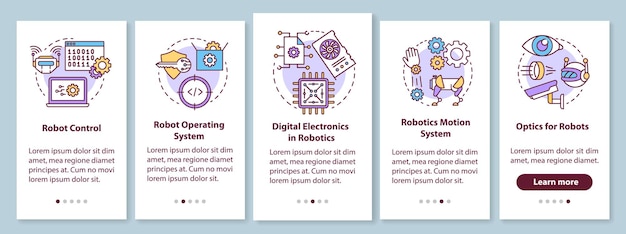 Robotics courses onboarding mobile app page screen with linear concepts. Robots learning and development walkthrough steps graphic instructions. UX, UI, GUI vector template with illustrations