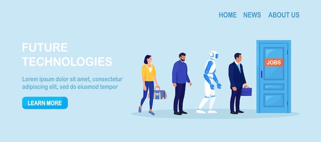 Robots and people stand in line waiting hiring interview at office hall Robotics industry Human and robotics employees for vacancy Automated and manual labor Robotic Process Automation