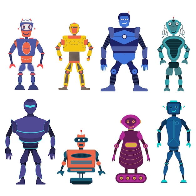 Robots cute characters transformer androids set Artificial cyborg Technology the future Vector
