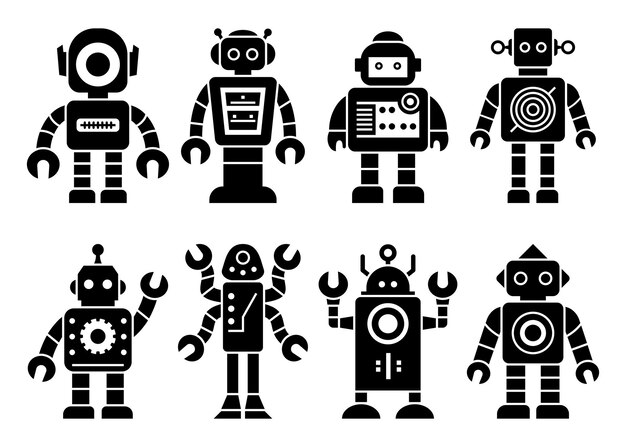 Robots set happy funny black icons Machine technology cyborg silhouette Futuristic humanoid