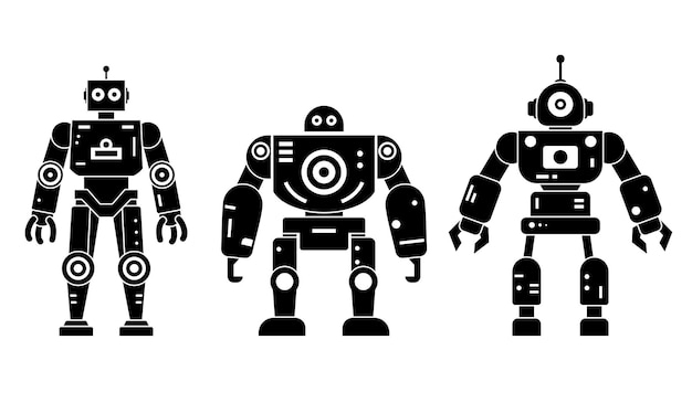 Robots set happy funny black icons Machine technology cyborg silhouette Futuristic humanoid