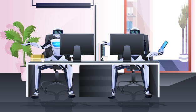 robots sitting at workplace robotic businesspersons working in office artificial intelligence technology concept