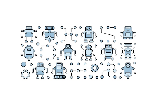 Robots vector horizontal banner on white background