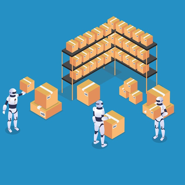 robots work in a manufacturing warehouse 3d isometric