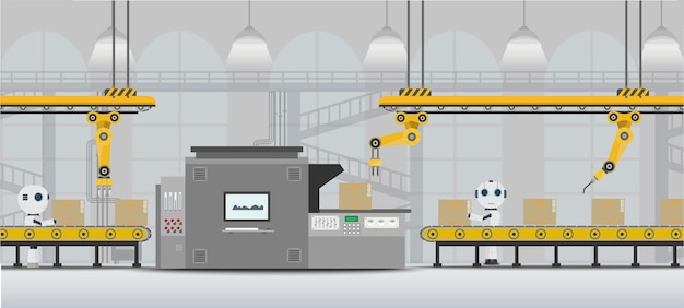 Robotun çalıştığı düz tasarım vektör çizimiyle otomasyon fabrikası konsepti