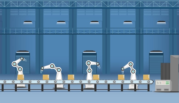 Robotun çalıştığı düz tasarım vektör çizimiyle otomasyon fabrikası konsepti