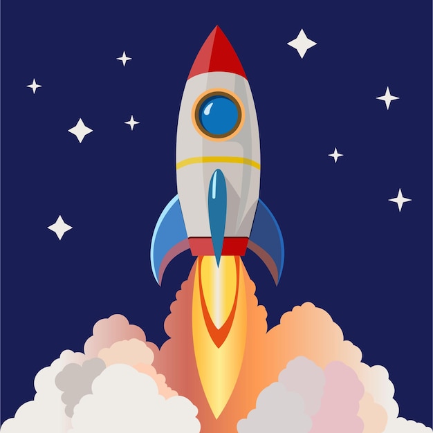 Rocket flying in space cartoon vector icon