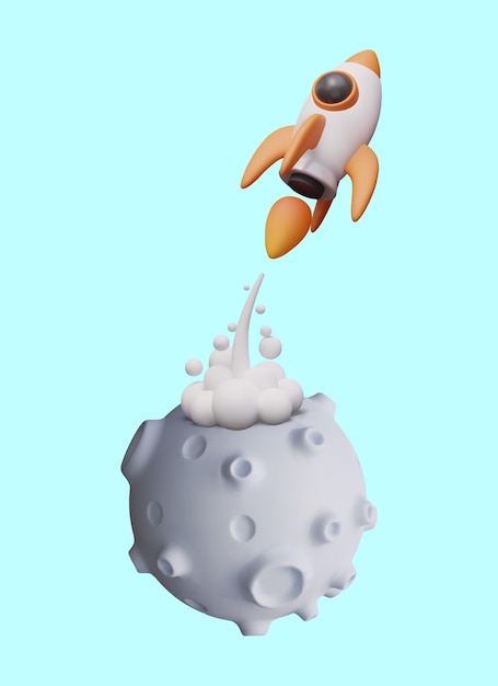 Rocket flying off from moon Launching space ship with smoke and fire