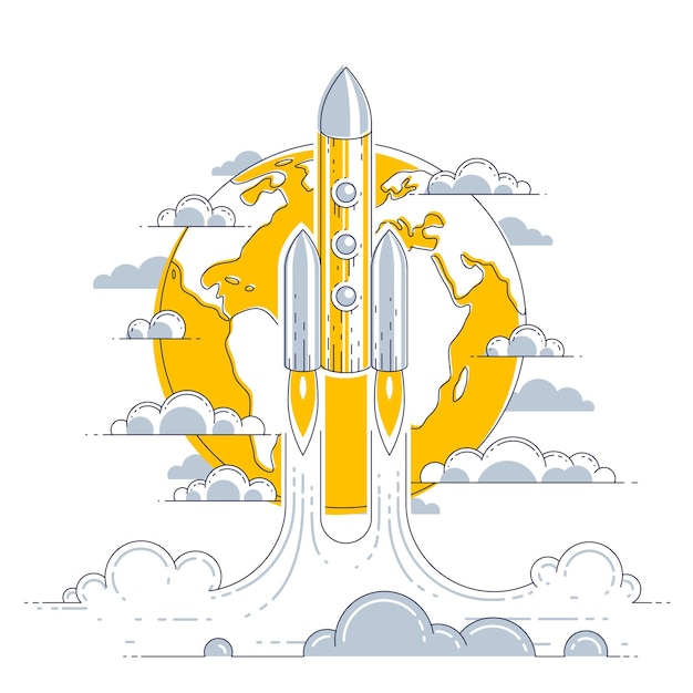 Rocket launch over planet earth into undiscovered space. Explore universe, breathtaking space science. Thin line 3d vector illustration isolated on white.