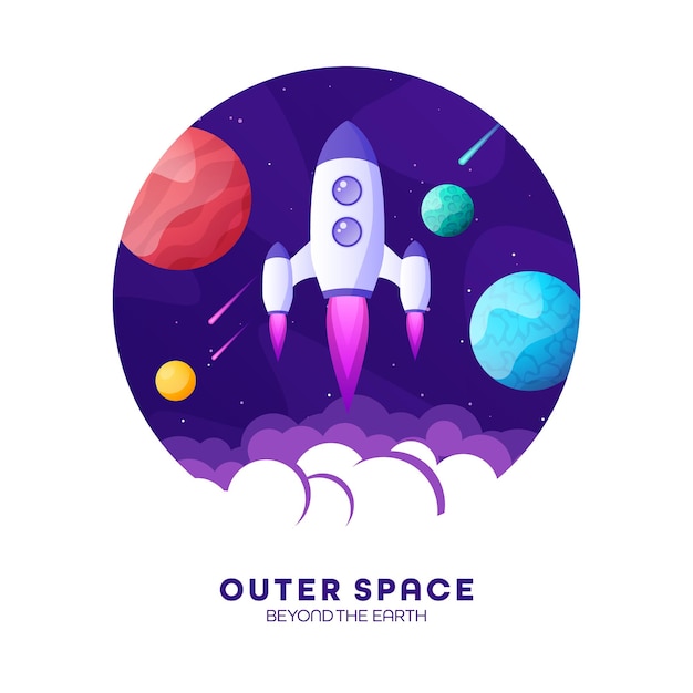 Rocket launch space futuristic colorful background with planets and stars cartoon starship spaceship
