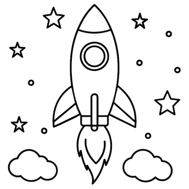 rocket ship with space and stars and cloud outline vector illustration