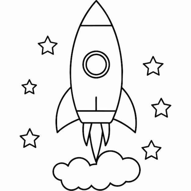 rocket ship with space and stars and cloud outline vector illustration