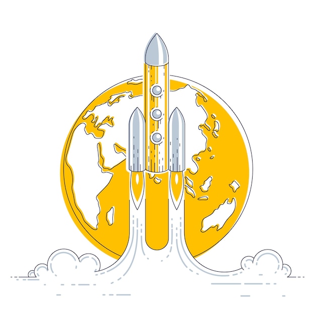 Rocket start from earth to space to discover undiscovered galaxies. Explore universe, interesting space science. Thin line 3d vector illustration isolated on white.