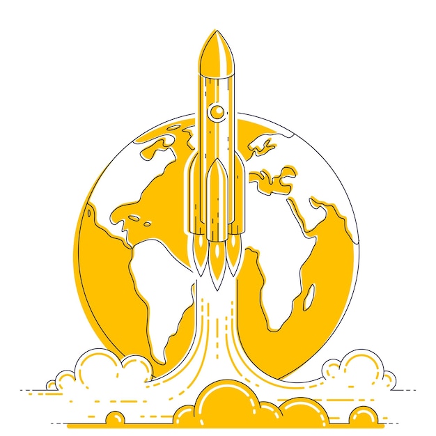 Rocket start from earth to space to discover undiscovered galaxies Explore universe interesting space science Thin line 3d vector illustration isolated on white