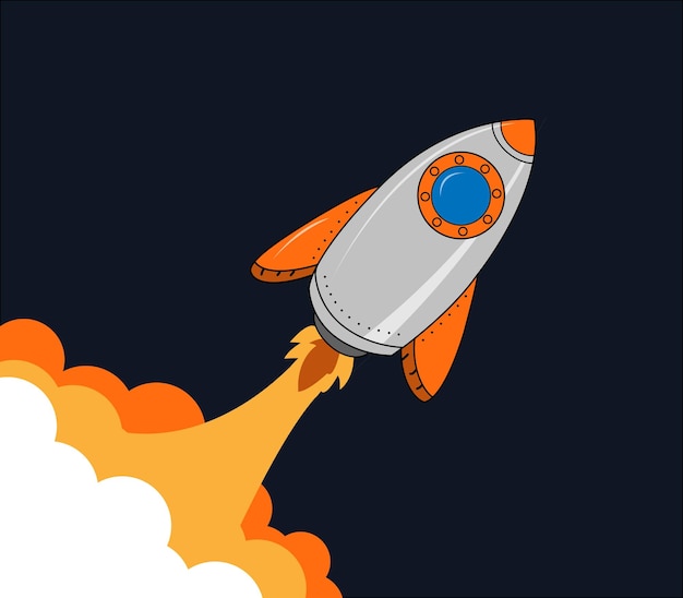 rocket takes off throwing fire on blue background
