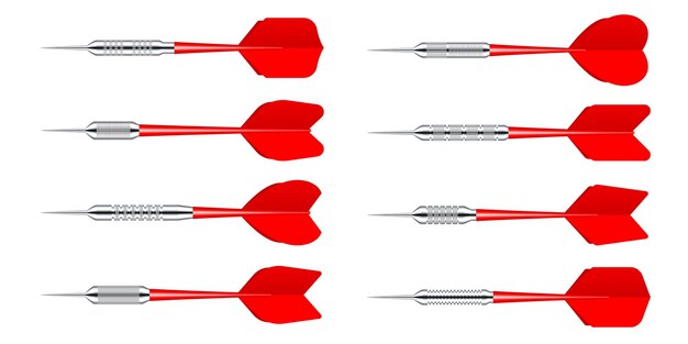 Røde dartpile med metalspids isoleret på hvid baggrund dartkast sport spil dartskive