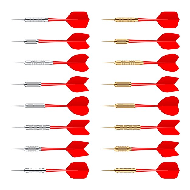 Røde dartpile med metalspids isoleret på hvid baggrund dartkast sport spil dartskive