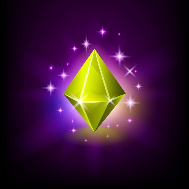 Romboid yellow shining gemstone with magical glow and stars on dark background