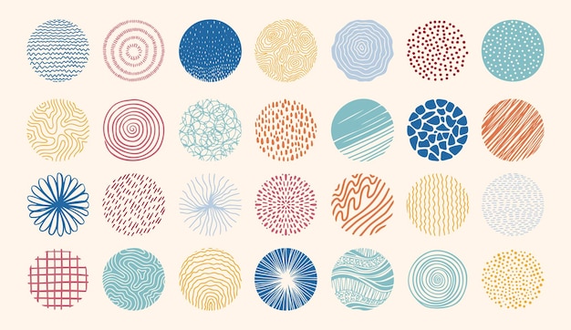 Round abstract colored set hand drawn doodle shapes backgrounds in the form of a circle of spots