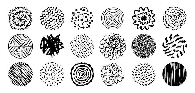 Round abstract hand drawn shapes with pattern set doodle element modern trendy circles for poster