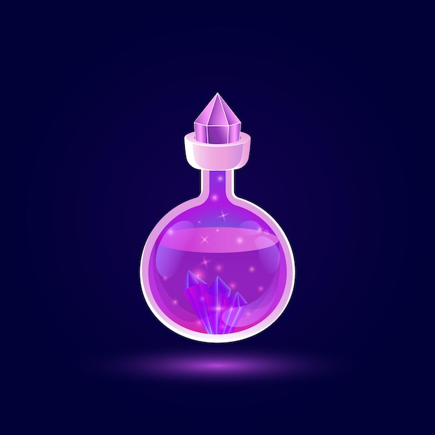 round bottle of purple potion glass flask with gems and crystal lid