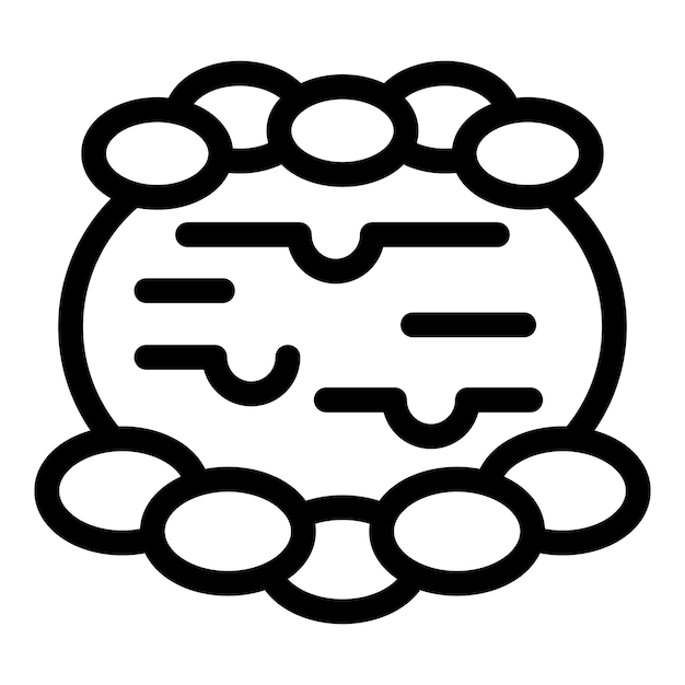 Round cake being decorated with cream and chocolate chips icon outline vector