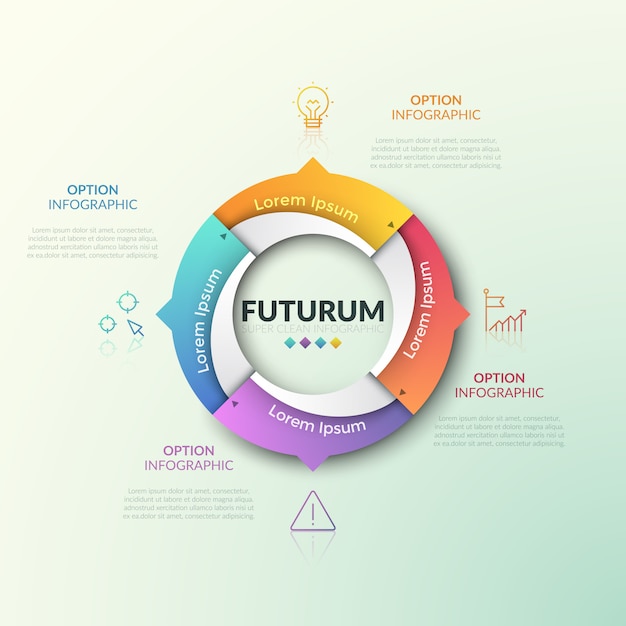 Round diagram divided into 4 parts with arrows pointing at thin line pictograms and text boxes. Four qualities of production cycle concept.