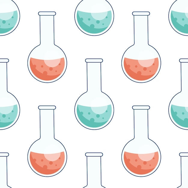 round flat flasks with colored liquid pattern with chemical reaction research analysis seamless