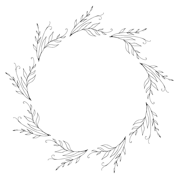 Round frame made of line drawn plant elements
