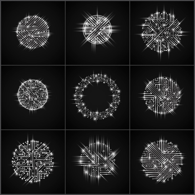 round luminescent monochrome circuit boards with electronic components of technology device. computer motherboards cybernetic vector abstractions with flash effect and arrows.