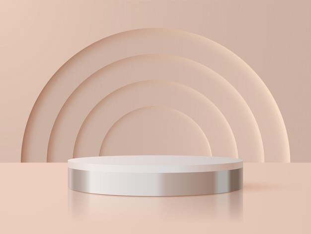 Round podium on an abstract background with geometric round niches. Vector 3d illustration.