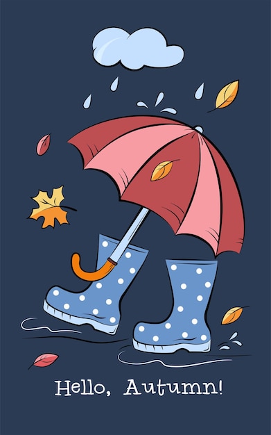Rubber boots splash through puddles under an umbrella.