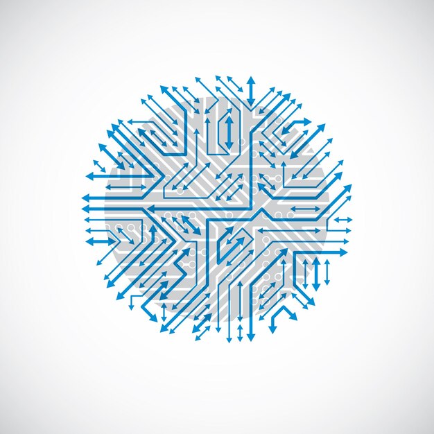 Rundt kretskort med elektroniska komponenter i teknisk enhet. Datormoderkort cybernetisk blå vektor abstraktion med flerriktade pilar.