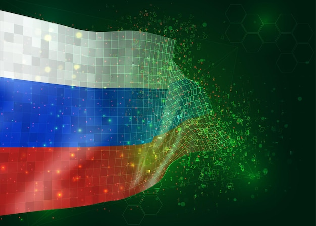 russia, on vector 3d flag on green background with polygons and data numbers
