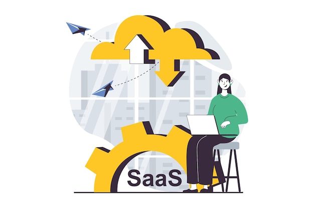 saas concept with people scene in flat design for web woman sync files from laptop with cloud storage and using online processing vector illustration for social media banner marketing material