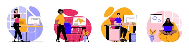 SaaS concept with people scenes set in flat web design Bundle of character situations with clients using software cloud storage and processing with subscriptions service Vector illustrations