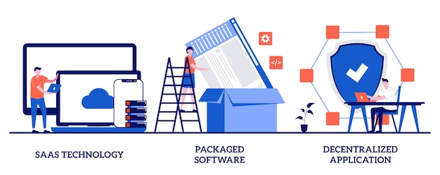 saas technology, packaged software, decentralized application concept with tiny people