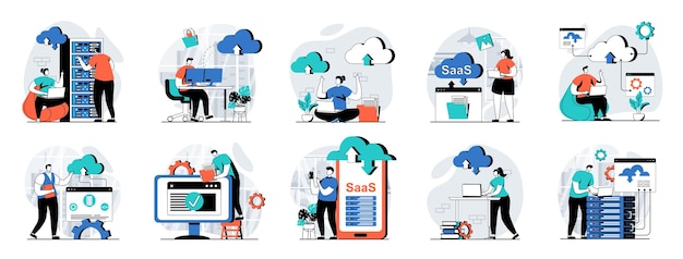 SaaS web concept with people scenes mega set in flat design Bundle of character situations with cloud processing and programs using with subscription software as a service Vector illustrations
